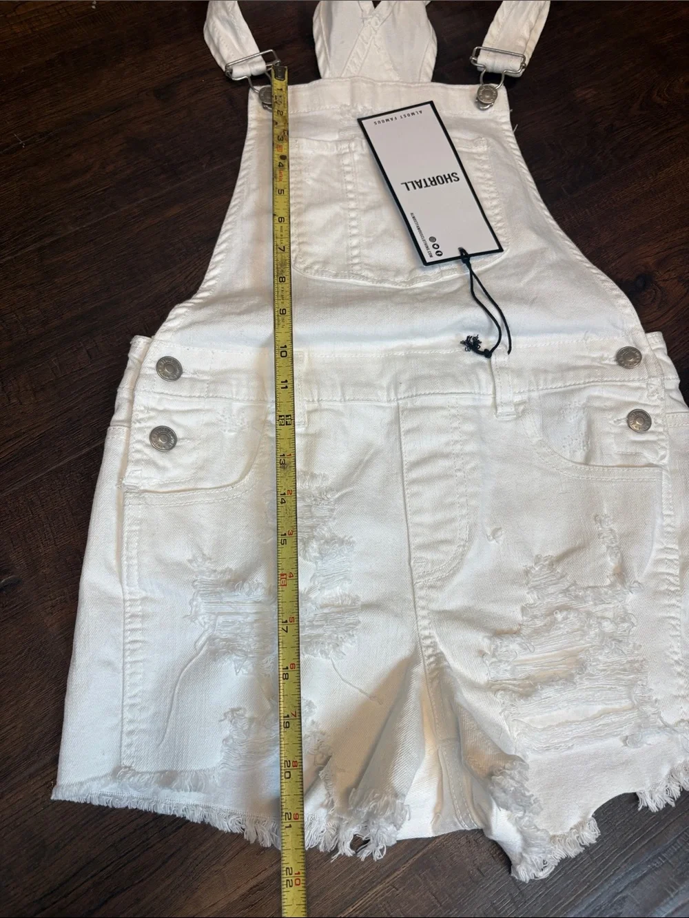 Almost Famous NWT Womens size 5 White Distressed Denim Shortall Overalls
